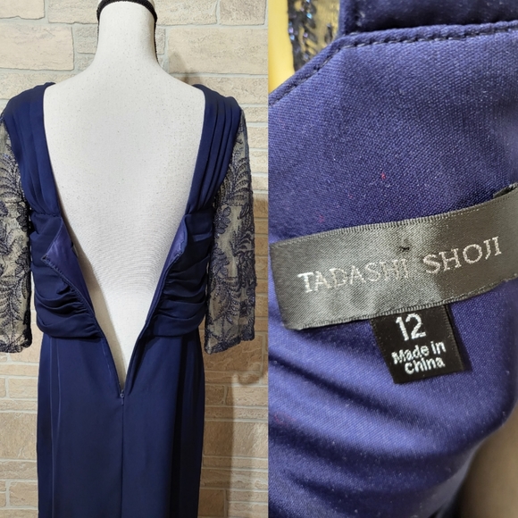 TADASHI SHOJI TWIST TOP EMBROIDERED MESH CREPE LONG DRESS DARK BLUE - Picture 6 of 8